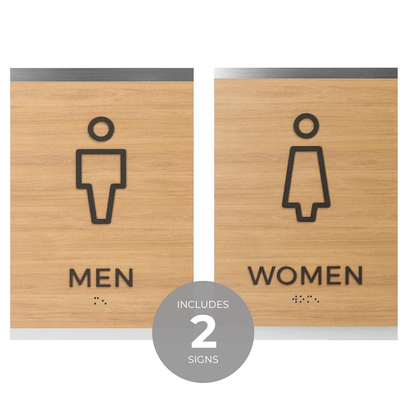 SBlabels Men And Women Restroom Sign Set/Non-Wheelchair Accessible With Braille Bathroom Signs / 6" x 9" Oak Woodgrain Design - Image 2